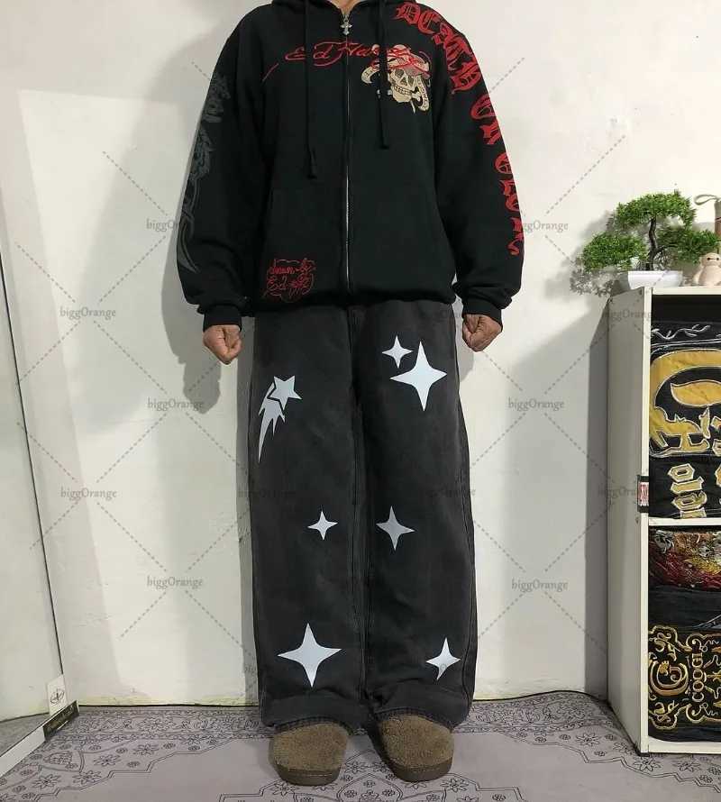 Street Fashion Clothing Personalized Meteor Pattern Fashionable Versatile Jeans Men Retro Harajuku Casual Loose Trousers WomenT250319