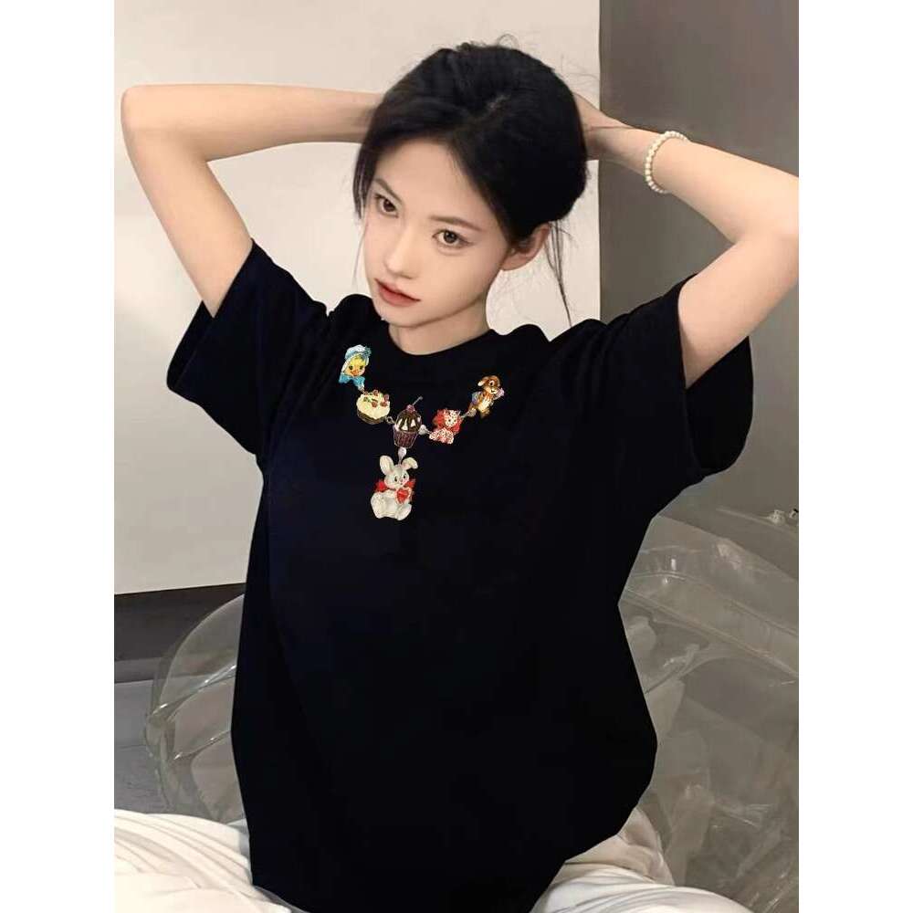 Top Shirts for Women Designer 100% Pure Cotton American High Street Shoulder Short Sleeved T-shirt for Women in Summer 2025 New Niche Lazy Design Top