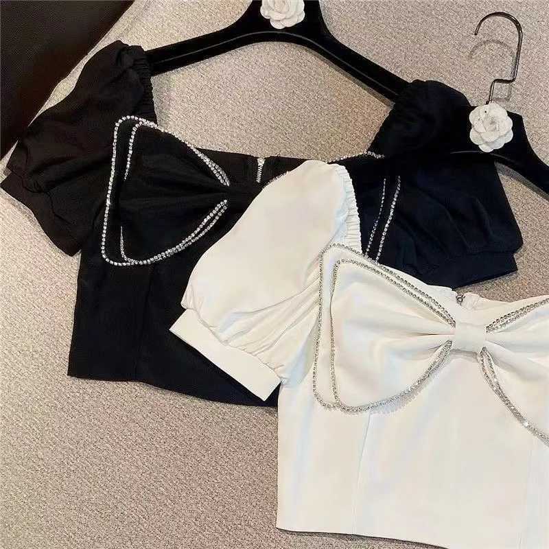Womens Summer New Korean Puff Shirt Square Collar Bow Fashion Short Top 2024 Sweet Childrens ClothingT250320