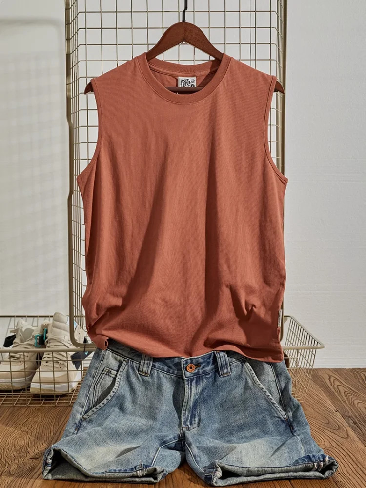 Summer American Retro Sleeveless Oneck Solid Color Tshirt Mens Fashion 100 Cotton Washed Casual Sports Tank Top 250319