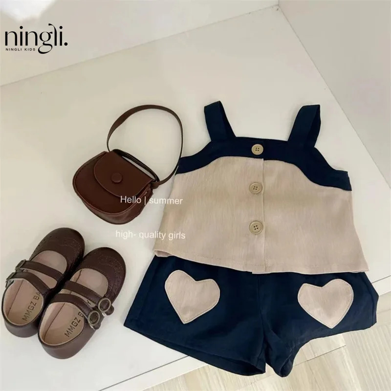 Summer Babys Girls Red 2PCS Clothing Set Cotton Love Print Slip Tshirt Loose Smooth Elastic Wiast Dress Childrens 250319