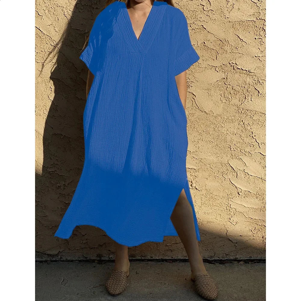 Beach Cover-ups for Women Solid Color Sexy V-neck Short Sleeve Loose Long Robe Dress Sun Protection Beachwear PZMZ09 250319