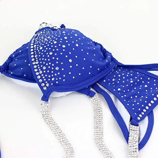 NPC IFBB Competition Bikini Set for Women Rhinestone Connector Scrunch Bikini Sky Blue 250314