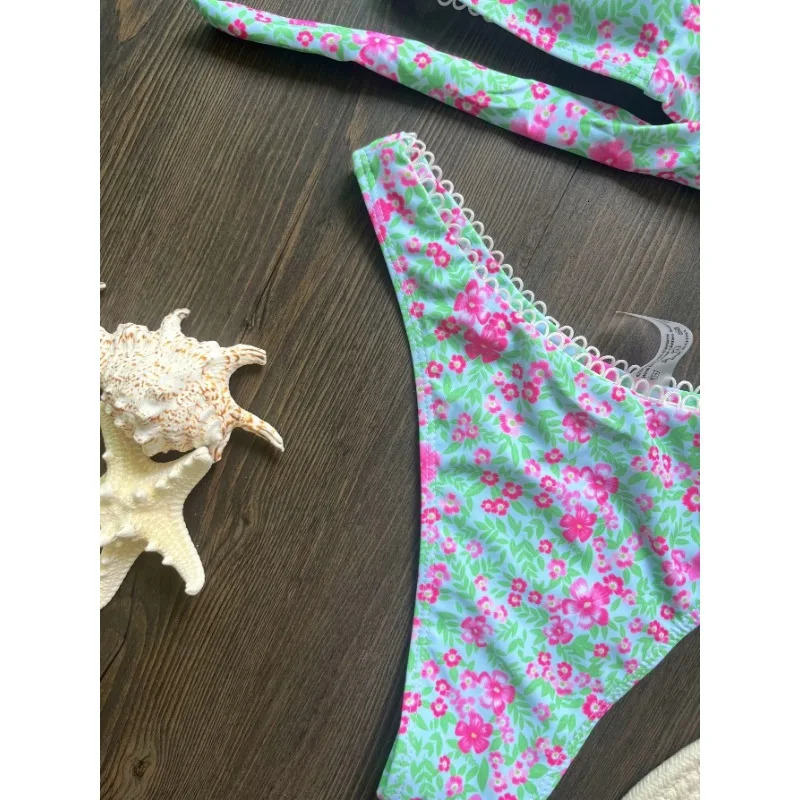Floral Flowers Bandeau High Leg Cut Bikini Women Swimwear Female Swimsuit Two-pieces Bikini set Bather Bathing Suit Swim 250320