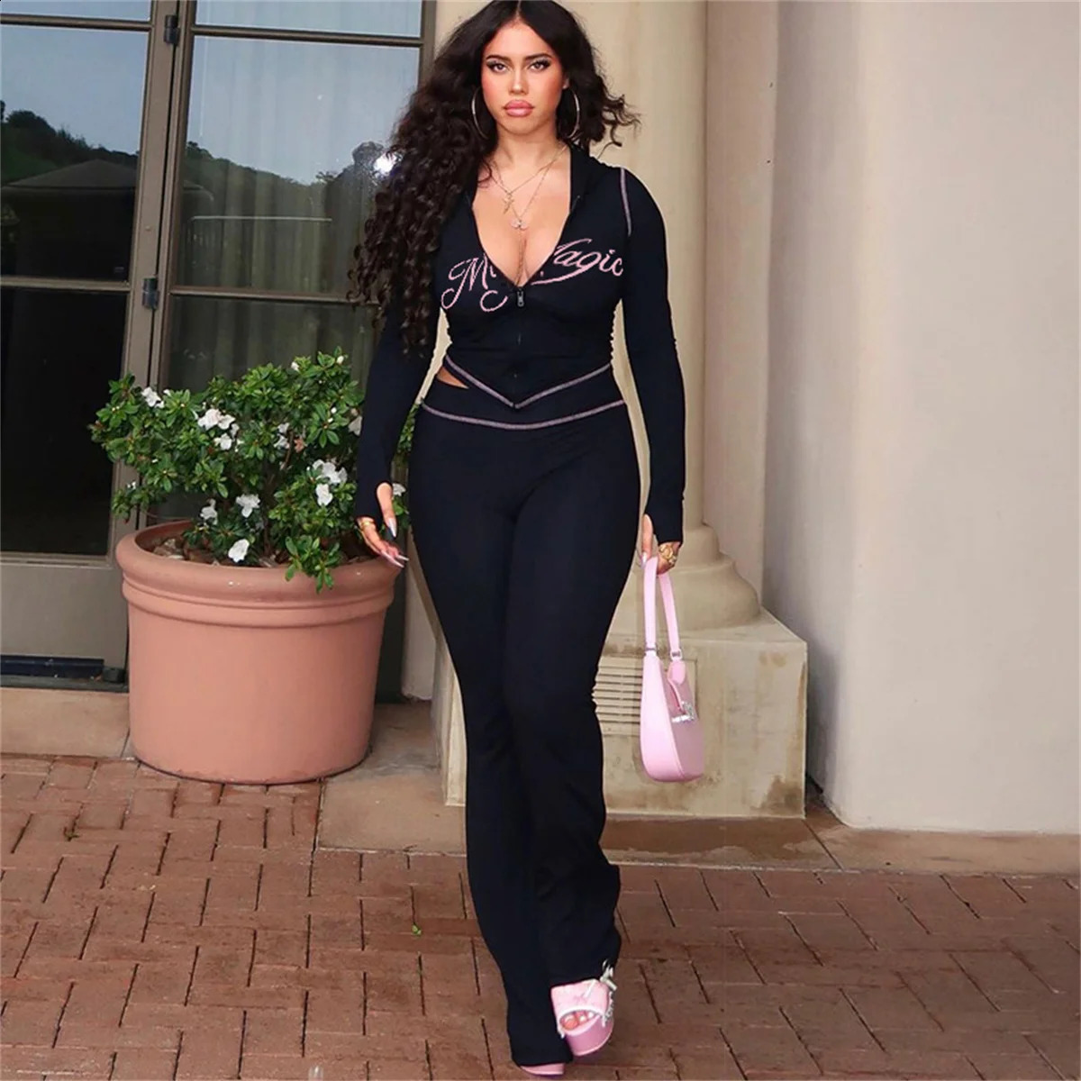 Leopard Contrast Letter Print 2piece Womens Hooded Full Sleeve Crop JacketTight Stretch Shining Pants Trend Matching Set 250319