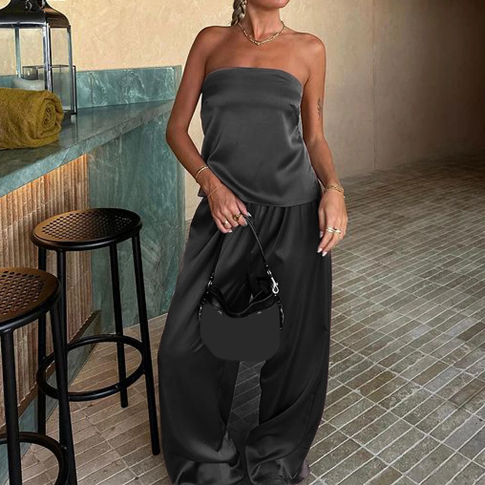 Combhasaki Womens Y2K Satin 2Piece Outfits Bandage Lace-up Backless Bandeau Tops Wide Leg Pants Set Streetwear Aesthetic Suits 250320