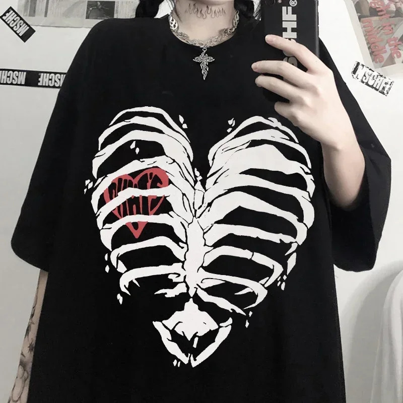 Womens T-shirt Harajuku Y2K Top Harajuku Retro Korean Style Black Demon Punk Gothic Anime Print Slim Fit Thin T-Shirt Clothes 250320