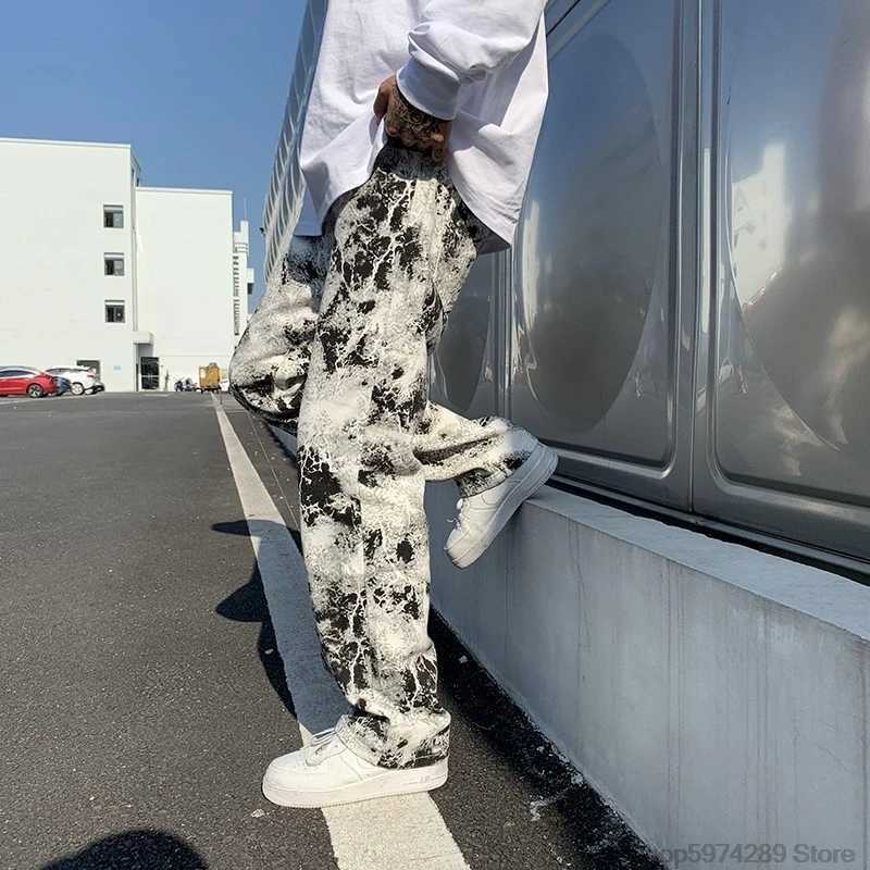 Mens jeans tie dye unisex printed jeans spring mop Trousers Korean high street loose hip-hop straight pantsT250319