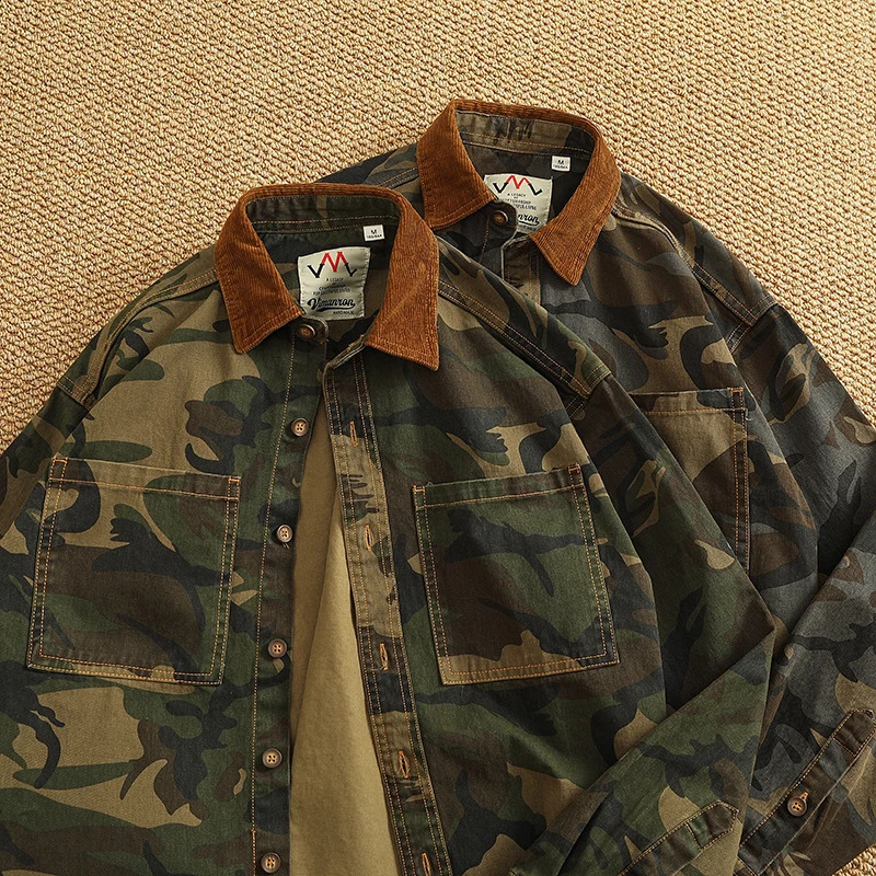 Spring American Retro Woven Twill Camouflage Cargo Shirt Mens 100% Cotton Washed Old Double Pocket Blouser Thin Jacket 250317