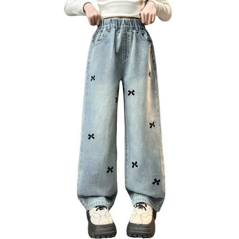 2025 Spring New Kids Jeans Trousers Child Casual Jeans with Bow Embroidery for Girl Fashion High Street Denim PantsT250326