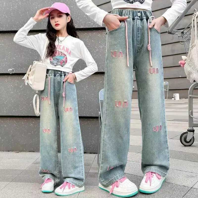 Girls casual style jeans youth clothing letter printing denim wide leg pants spring long childrens straight pants 5-16YT250326