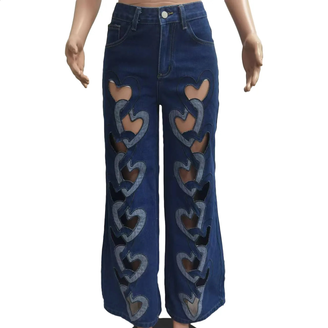 Wide leg jeans heart-shaped pants sexy womens high waisted elegant hollow denim straight pants 250314