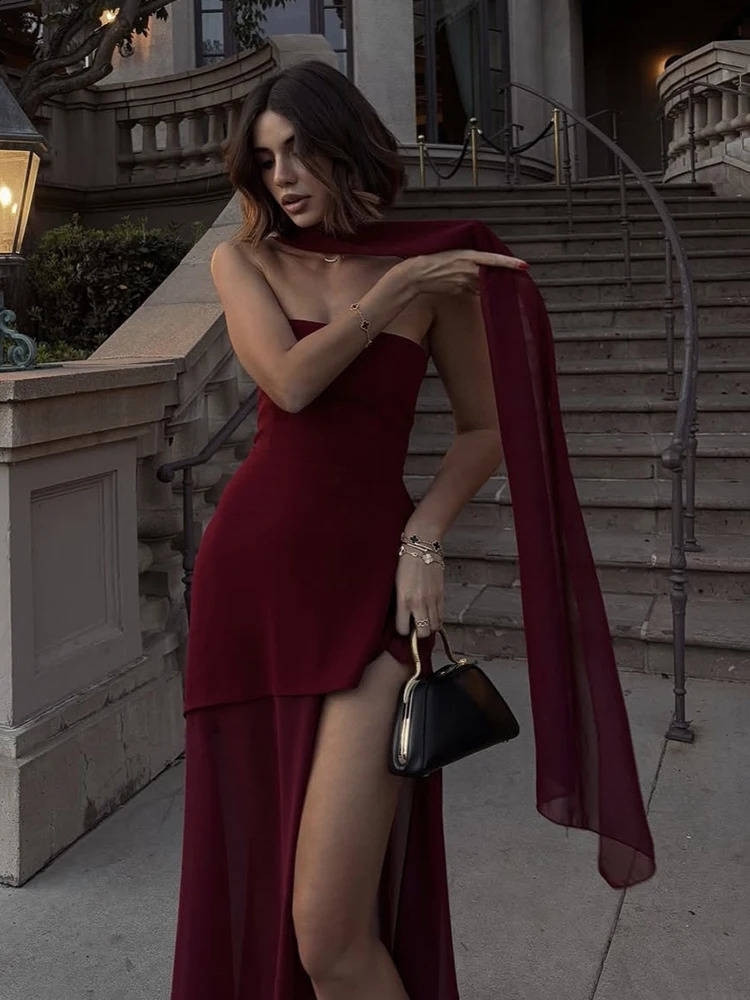 TARUXY Fashion Strapless Dress With Ribbon Female Elegant Sleeveless Mesh Beach Vacation Long Dress Spring Women Dress 250319