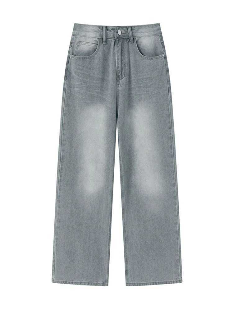 Mens Retro Grey Pocket Jeans Fashion Straight Harajuku Casual Y2k Pants High Street Wide Denim Trouser Mens Fashion BrandT250319
