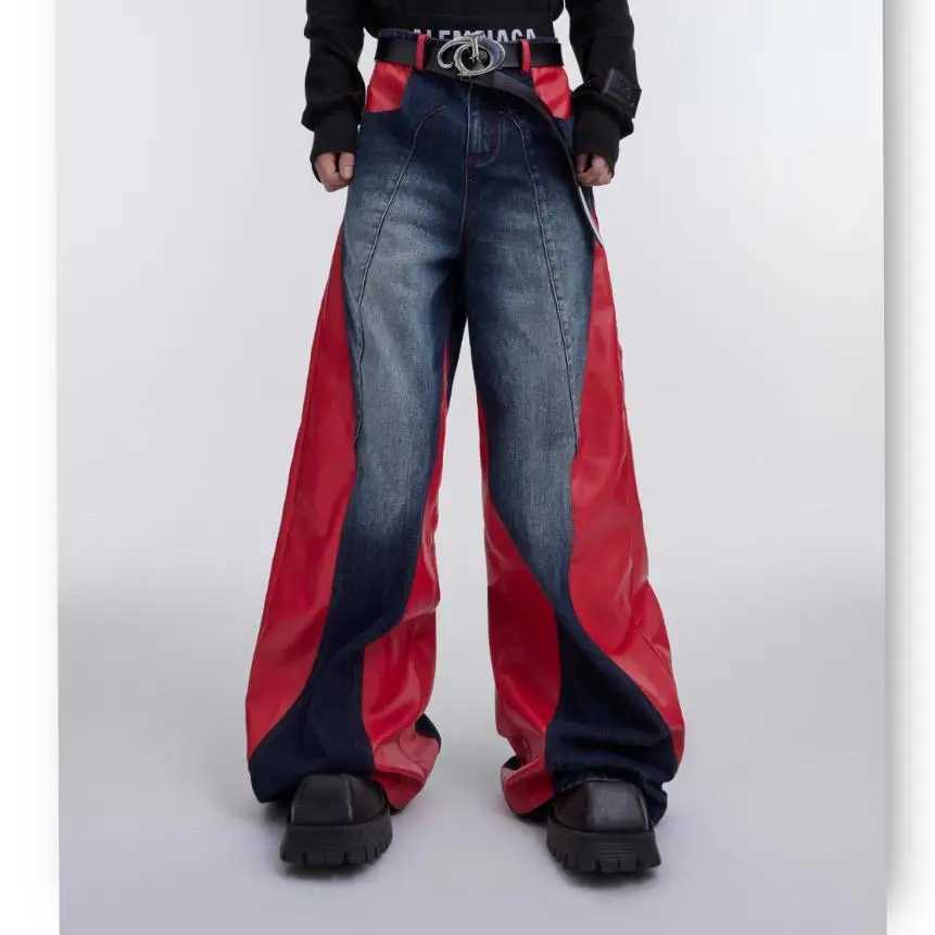Y2k mens retro washed and spliced jeans new hip-hop punk PU leather pocket jeans casual black denim Trousers streetwearT250319
