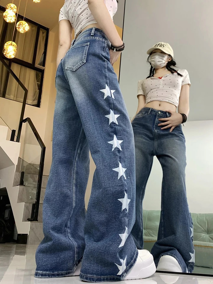 Zoki Cute Star Print Jeans Women Vintage High Waist Loose Denim Pants Preppy Style Japan Casual Female Kawaii Retro Trousers 250319