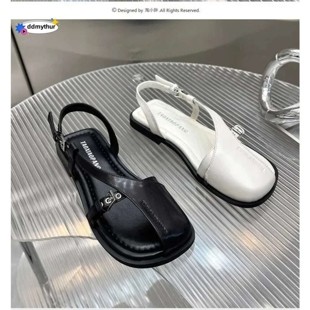 2024 Summer New Baotou Hollow Soft Leather Flat One Word Buckle Casual Fashion Women Platform Sandals ddmythur
