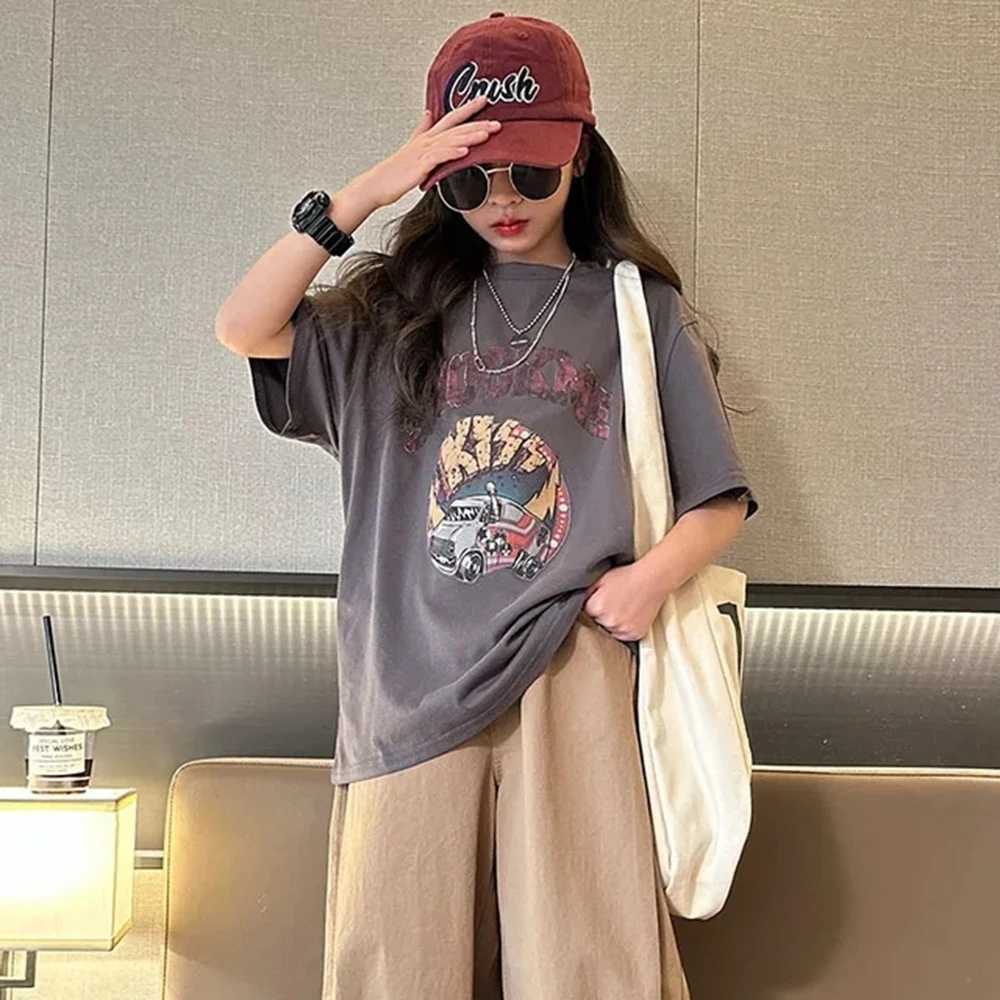 Teenage girl short sleeved T-shirt 2024 summer childrens clothing new childrens splicing fashion half sleeve front 6 8 10 12 14 years oldT250320