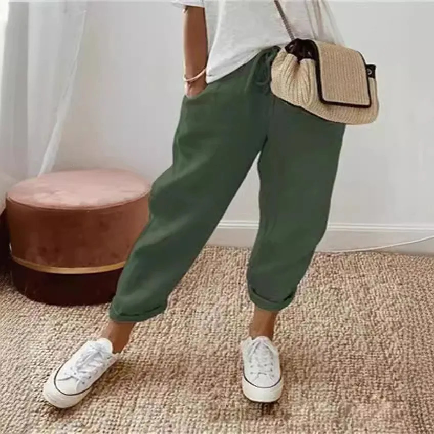 Womens Cotton Linen Pants Spring Summer Solid Elastic High Wasit Pockets Nine Points trouser Ladies Loose-fitting Lace Up Pants 250320