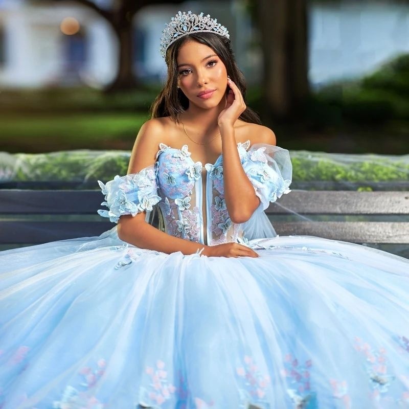 Sky Blue Quinceanera Dresses Gowns Ball With Cape Applique Bow Tull Corset Sweet 16 Dress Birthday Party Vestidos 15 De Anos
