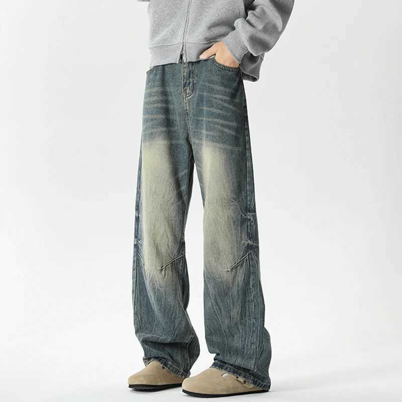 Mens luggage retro wide leg jeans mens designer spring and autumn casual denim pants fashionable straight leg high street denim TrousersT250319