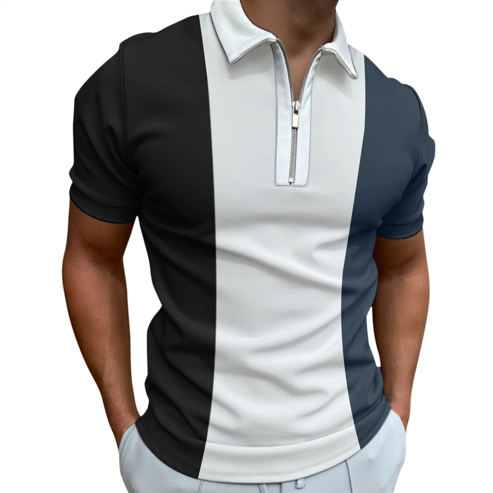 Mens Solid Color Striped Polo Shirt Short Sleeve Golf Turn-down Collar Zipper Polo Shirt for Men Casual Streetwear Summer Tops 250319