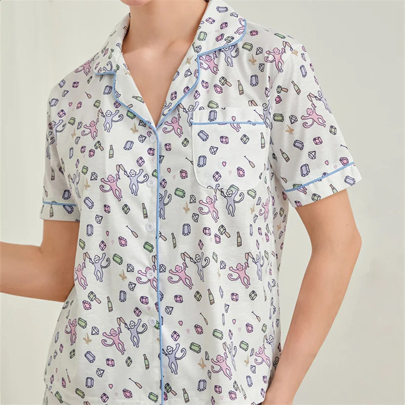 Womens Preppy Sheep Monkey Print Pajamas Aesthetic Cute Pjs Y2k Two Piece Pajamas Shorts Pj Shirts Sets Sleepwear 250319