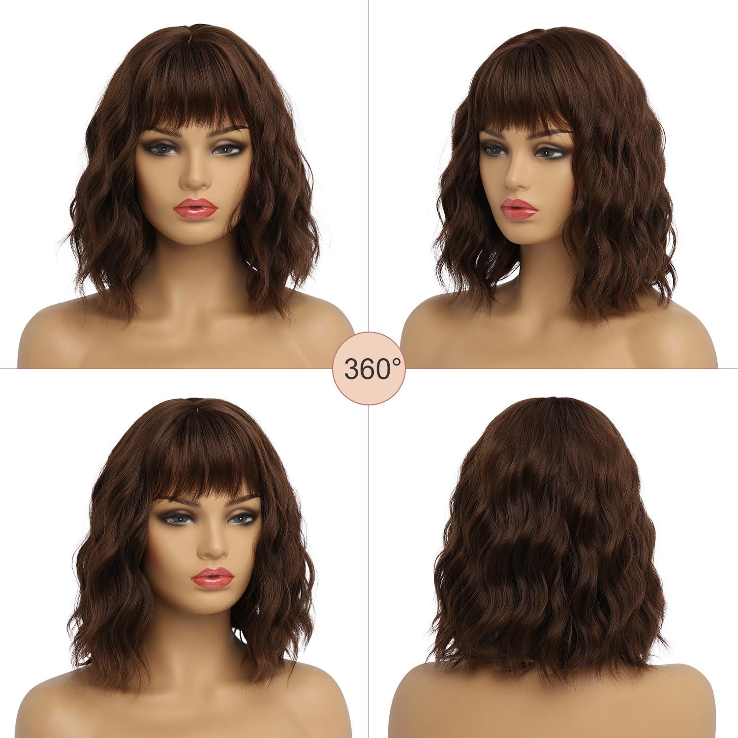 Short Chocolate Brown Wigs for Women Short Wavy Bob Wig with Bangs Medium Lenth Synthetic Hair for Daily Party(12 Inch)