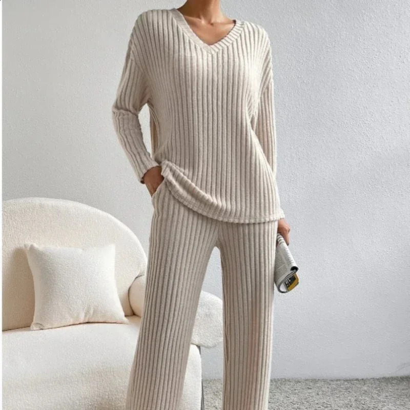 Two Piece Sets Outifits 2025 Spring and Autumn Fashion Casual Straightleg Pants Loose Vneck Pit Strip Knitted Suit 250319
