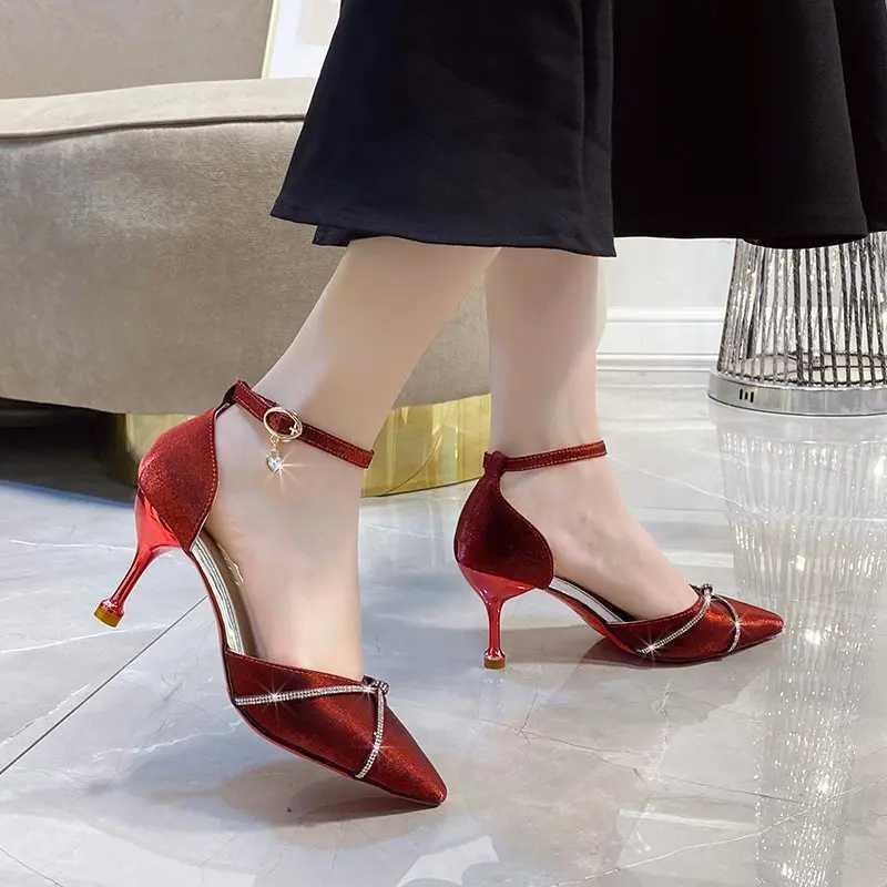 Red satin wedding shoes spring new pointy-ed rhinobas e-word buckle hollow wens single shoes stiletto h Y250319