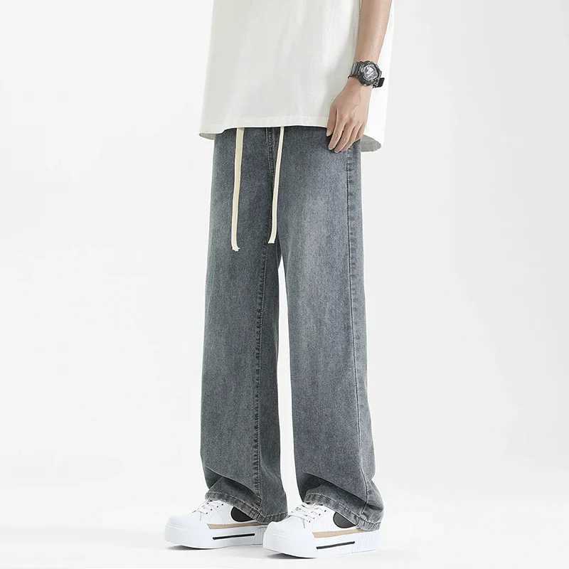 Summer thin mens loose jeans with wide legs fashionable Korean style brushed straight retro washed denim pants streetwear mens TrousersT250319