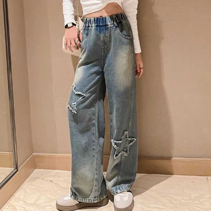 Spring Autumn Teenager Girls Wide Leg Jeans Children Trousers 2024 New Fashion Star Pattern Girls Denim Pants 5-14Y Kids ClothesT250326