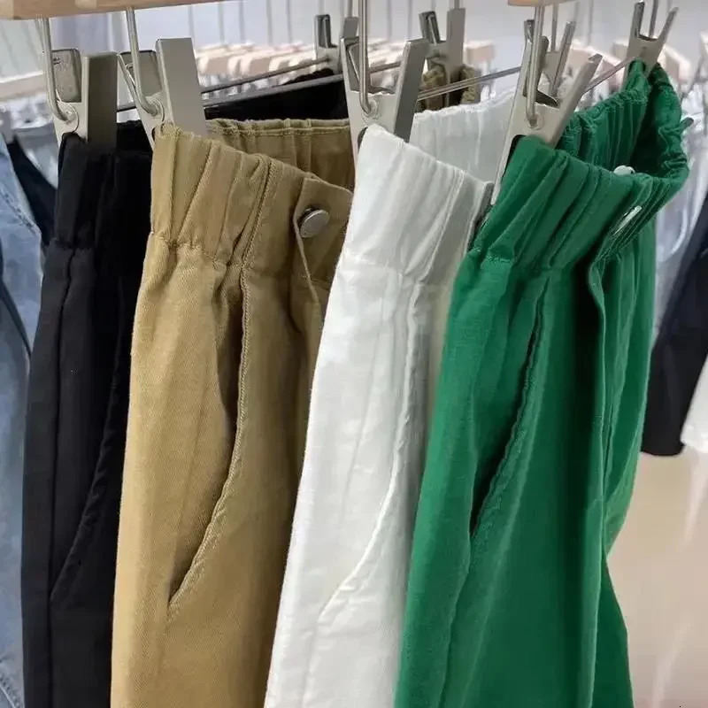 Womens Summer Shorts 2025 Beautiful Cotton Wide-leg Shorts Casual Solid Green Khaki Button Elastic Waist Denim Shorts Women 250320