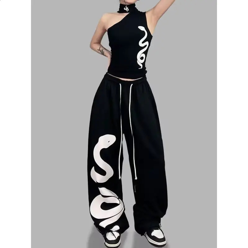 Y2K Street Dance Womens Black Hip Hop Loose Waist Large Print Graffiti Pants Street Jazz Dance Pants 250314