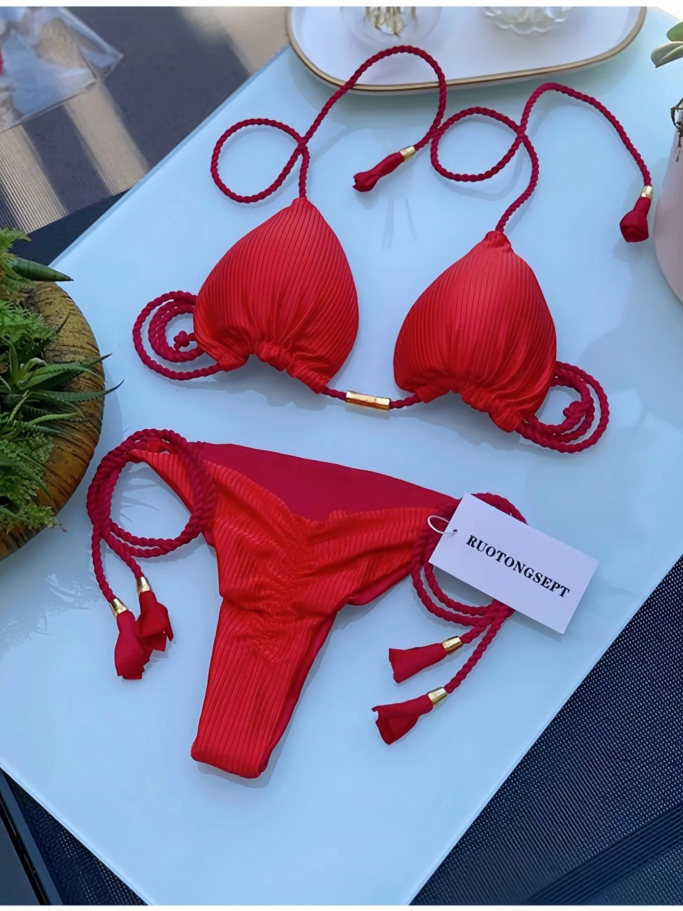 Sexy Braiding rope Bandage Solid Bikini Set Women Swimsuit Pit strip fabric Triangle Swimwear Bathing Suit Brazilian Biquinis 250320