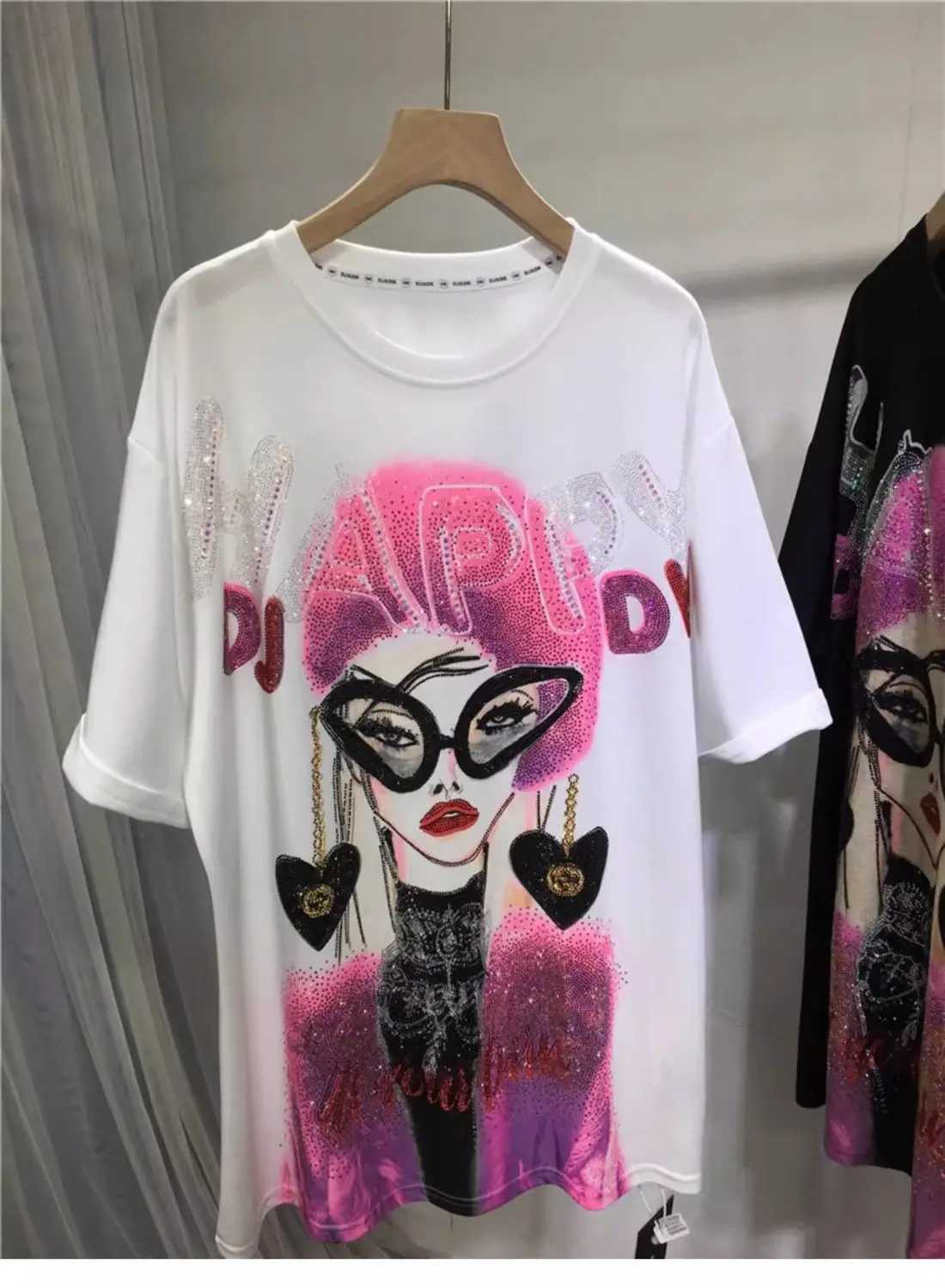 L-4XL Plus Size 150KG Womens Rhinestone T-shirt Summer Printed Womens T-shirt with Large Alphabet Size Large Y2K T-shirtT250320