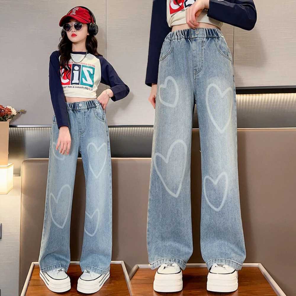 Childrens school loose Trouser big girl new arrival jeans with rope heart-shaped pattern spring and autumn fashion wide leg pants high qualityT250326