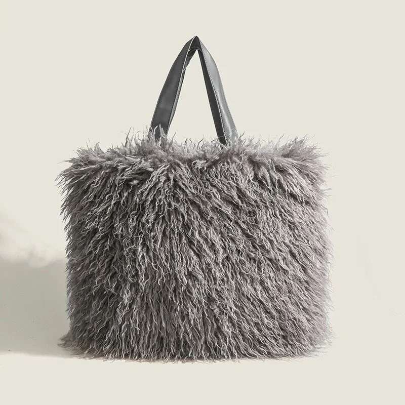 2025 Girl Large Capacity Tote Women's Vintage Plush New Korean Fashion Solid Color Handbag Imitation Fur Casual Work Bag