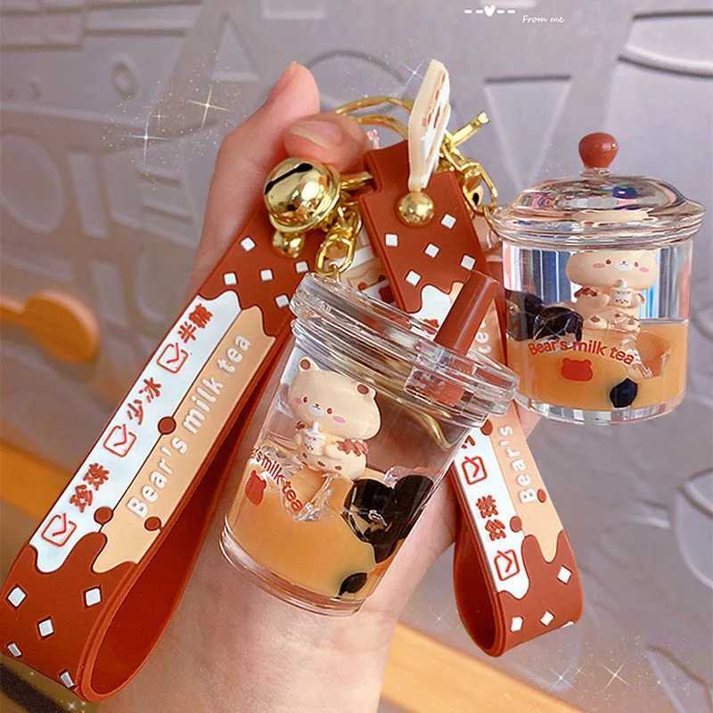 Cute Oil Pearl Milk Tea Bear Floating Liquid Keychain Bag Pendant Cartoon Cup Beverage Bottle Keychain Girl Keychain Gift 2023XJ250319
