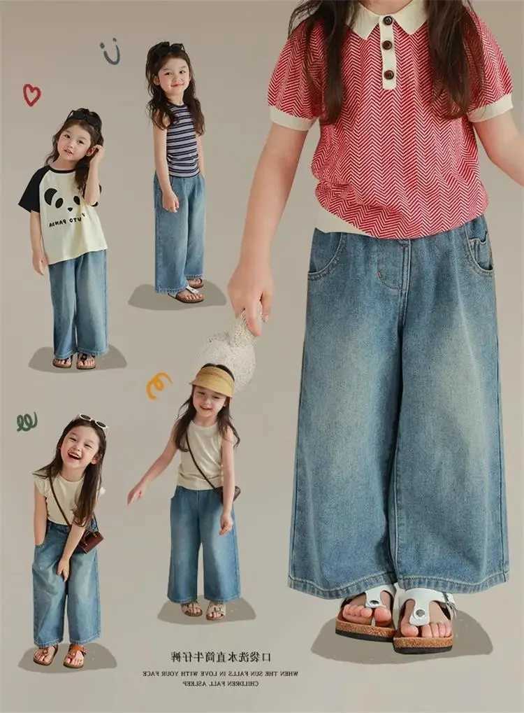 Womens clothing childrens clothing summer bags multiple pockets elastic waist jeans wide leg pants 3-7 year old womens pantsT250320