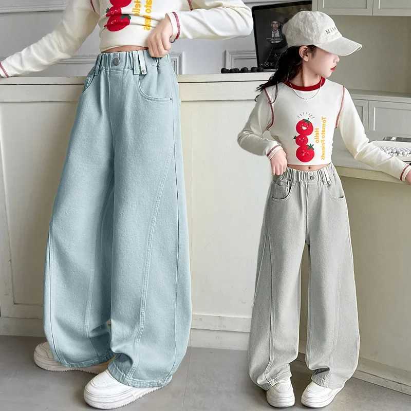 Teen Girls Jeans 2025 Spring autumn Children Fashion Western Style Cutlass Denim Pants Kids Straight Leg Loose Wide-leg PantsT250326
