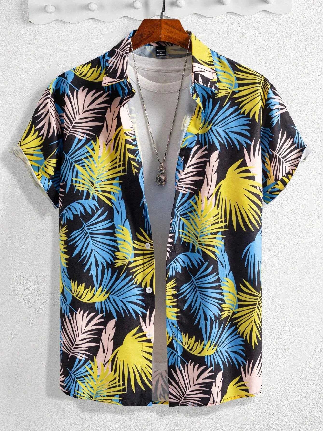 Hawaiian Botanical Flower Print Mens and Womens Short Sleeve Lapel Seaside Button-Down Shirt Top Casual Fashionable Shirts M250320