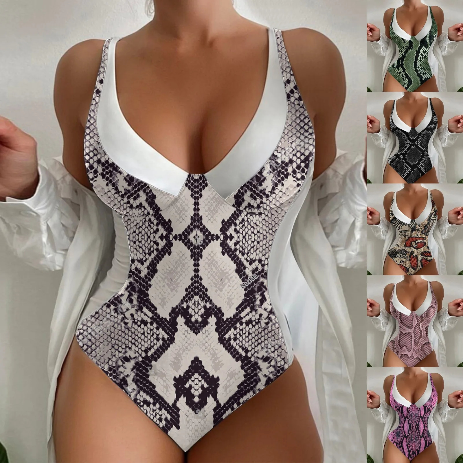 Womens One Piece Swimsuit Deep V Printed Color Matching Swimsuits Swimwear Monokini Bodysuit Summer Fashion Beachwear 250319