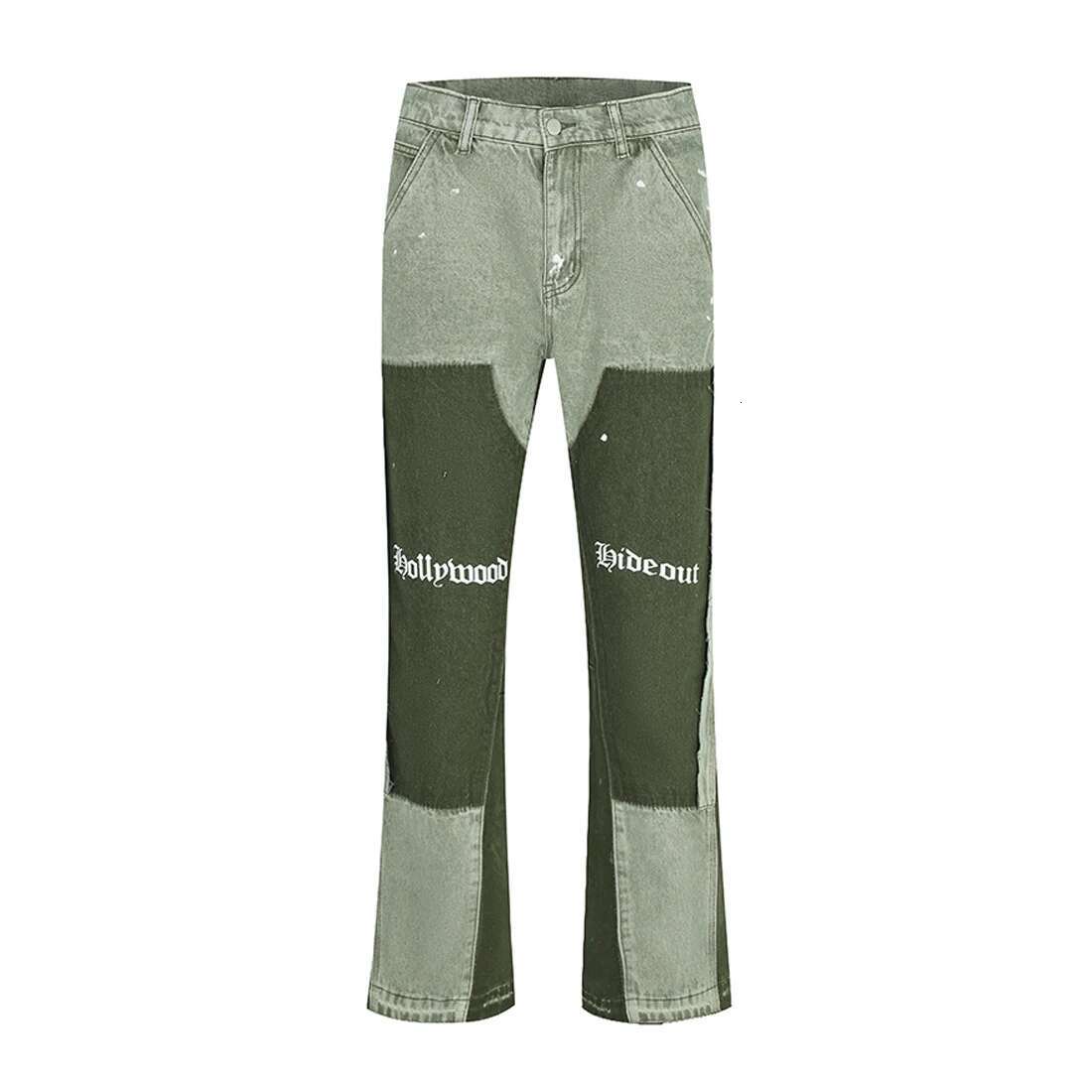 Designer Jeans Vintage Green Distressed Patch Men's Horn Jeans Hip-hop Ink Block Color Street Wear Casual Slim Fit Wide Jeans Y2k Green Jeans