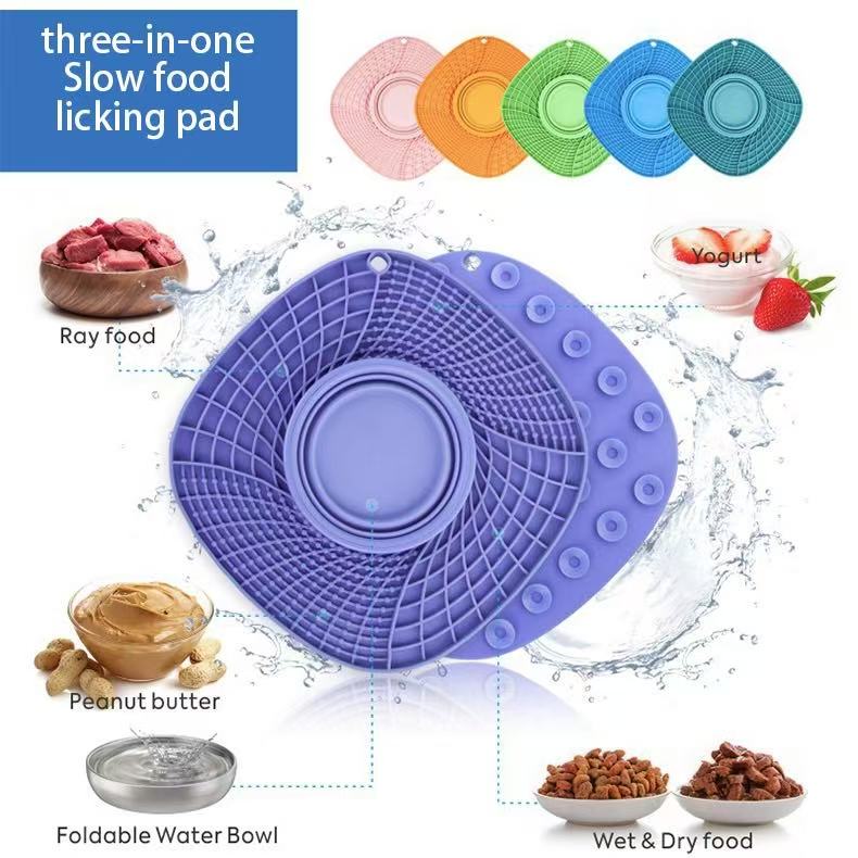Multi functional silicone three in one pet folding slow food bowl pet anti choking dog licking pad