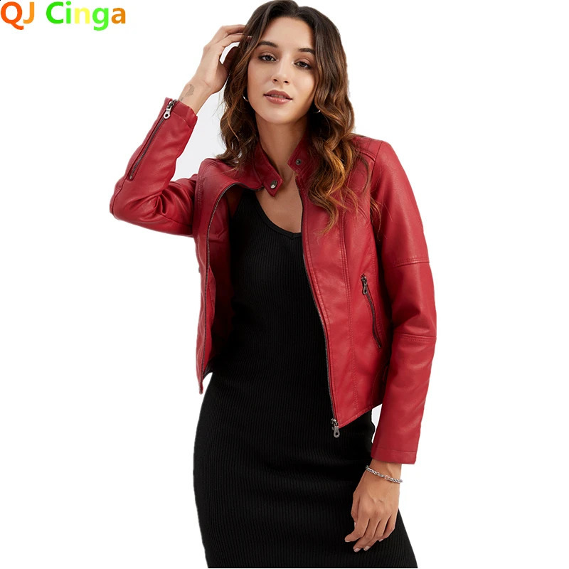 SpringSummer Gules Leather Jacket Womens Fashion Decoration Motorcycle Coat Black Purple Brown S4XL 250319