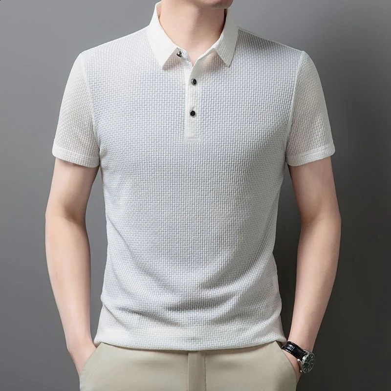 Summer Mens Short sleeved Polo Shirt High Quality Ice Silk Breathable Business Fashion T-shirt High Elastic Soft Polo Shirt 250319