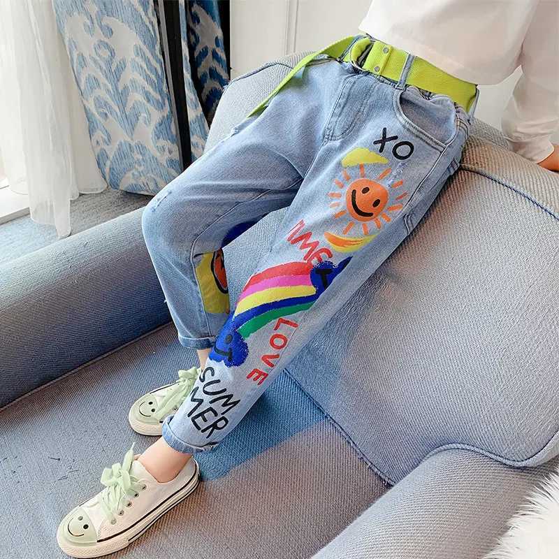 Hot Deals Jeans for Teenage Girls Kids 8 12 Year High Quality Graffiti Painting Printed Casual Pants with Rainbow Cartoon TrouserT250326