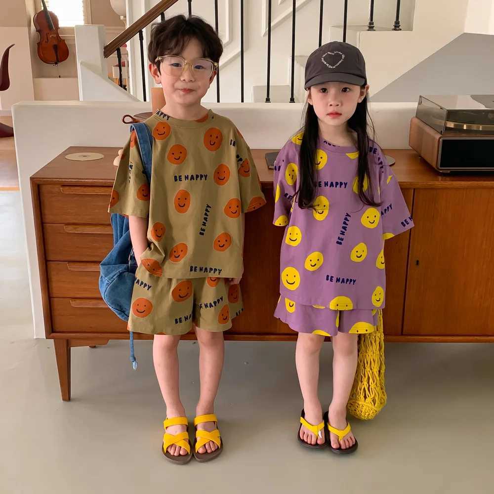 5285C Childrens Clothing Set 2023 Summer Smiling Face Print Boys Suit Short Sleeve T Shirt+Short Brother and Sister 2pc SuitT250320