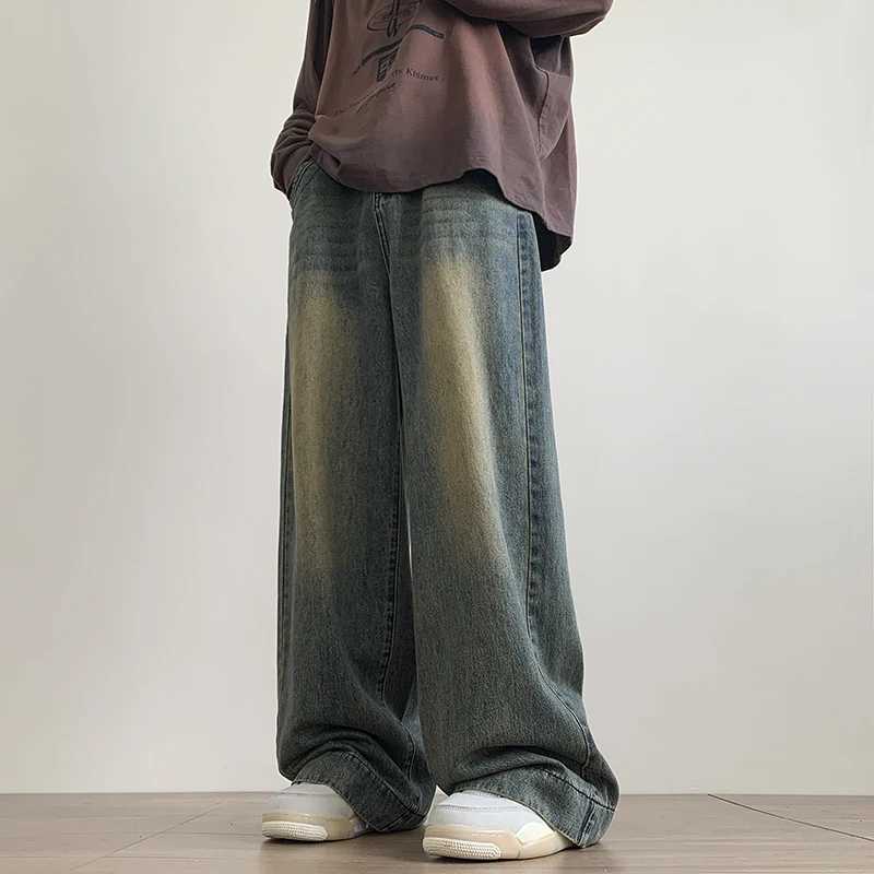 Distressed retro blue jeans mens wide leg jeans mens Trousers mens oversized streetwear fashionable casual bag straight jeansT250319